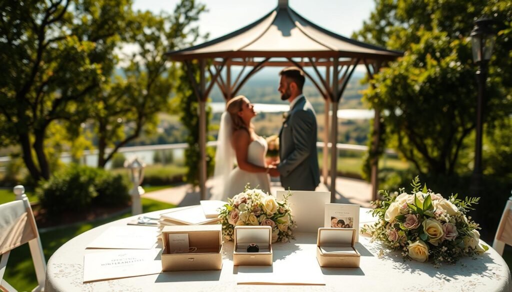 A serene, sun-drenched wedding venue featuring a charming gazebo surrounded by lush greenery. In the foreground, a beautifully decorated table showcases an array of wedding planning essentials - invitation cards, a wedding planner, a ring box, and other coordinated accoutrements. The middle ground features a couple gazing lovingly at each other, radiating joy and contentment. In the background, a panoramic view of rolling hills and a picturesque lake creates a tranquil, all-inclusive setting. Soft, natural lighting casts a warm, ethereal glow over the entire scene, evoking a sense of effortless elegance and stress-free wedding planning.