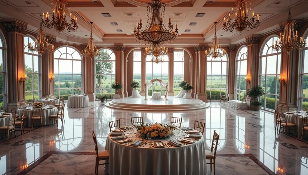 A spacious, elegant ballroom with high ceilings, grand chandeliers, and large windows overlooking lush gardens. Warm, soft lighting illuminates the polished marble floors and ornate columns. In the foreground, a beautifully set table with fine china and crystal glassware stands ready for a grand wedding reception. The middle ground features a grand staircase leading up to a raised stage, perfect for a ceremony. The background showcases verdant landscapes and a scenic vista, creating a serene and picturesque setting for a memorable Kansas wedding.