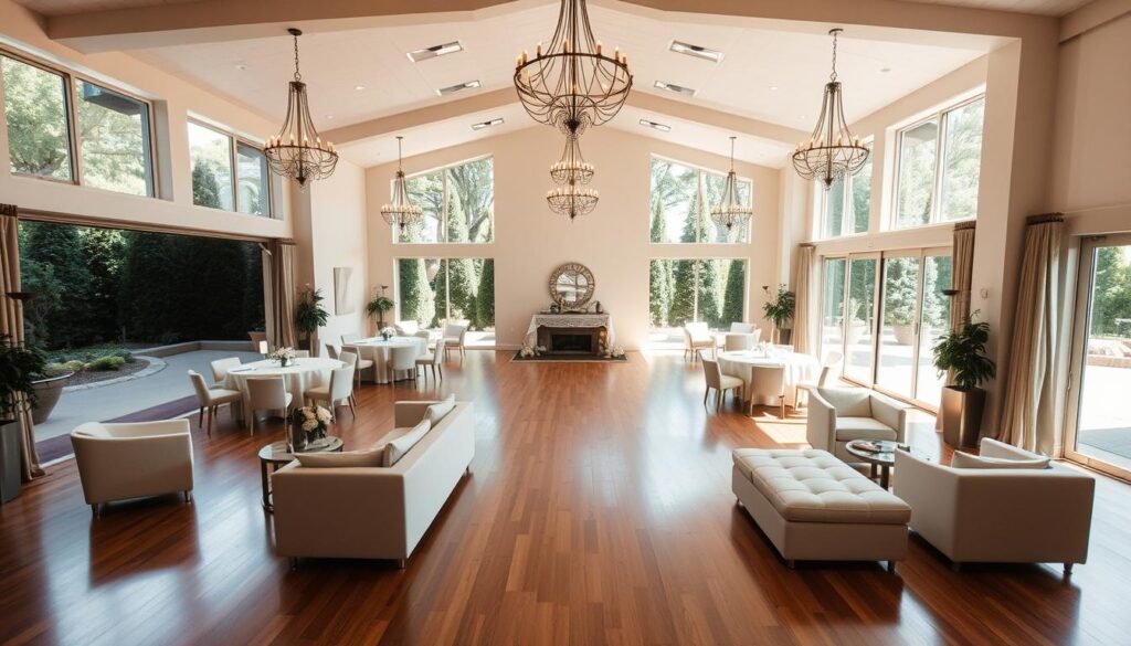 A spacious, naturally lit wedding venue with polished hardwood floors, large windows, and high ceilings. Elegant chandeliers illuminate the airy, inviting space. Modular furniture and open floor plans allow for flexible seating arrangements to accommodate different guest counts. Sliding glass doors open to a lush, landscaped outdoor terrace, blending the indoors and outdoors seamlessly. A neutral color palette and minimalist decor create a versatile canvas for couples to customize their dream wedding. The venue exudes a warm, welcoming atmosphere, catering to the needs of all guests, including those with accessibility requirements.
