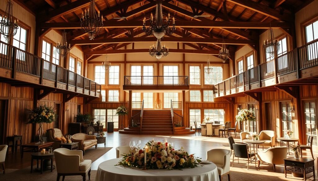 A spacious, sun-drenched wedding venue with elegant, customizable decor options. Wooden beams, chandeliers, and floor-to-ceiling windows create a warm, romantic ambiance. In the foreground, a table adorned with lush floral arrangements and candles. Scattered around the venue, various seating options - plush armchairs, rustic benches, and sleek modern chairs. A mezzanine level overlooks the main event space, offering a bird's-eye view. The middle ground showcases a grand staircase leading to a raised platform, perfect for a ceremony or live music. Soft, natural lighting filters through the windows, casting a golden glow across the space. The overall atmosphere evokes a sense of timeless sophistication, ready to be personalized to the couple's unique style.