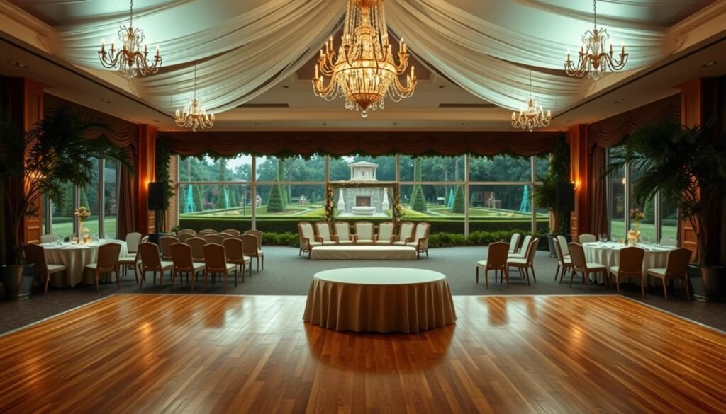 A spacious, well-lit event venue with elegant decor and lush greenery. The foreground features a wooden dance floor and a grand, chandeliers-adorned ceiling. In the middle ground, rows of plush chairs are arranged around a central stage, while the background showcases large windows offering panoramic views of a manicured garden. Soft, warm lighting casts a cozy, inviting ambiance throughout the space, perfect for a memorable wedding celebration.