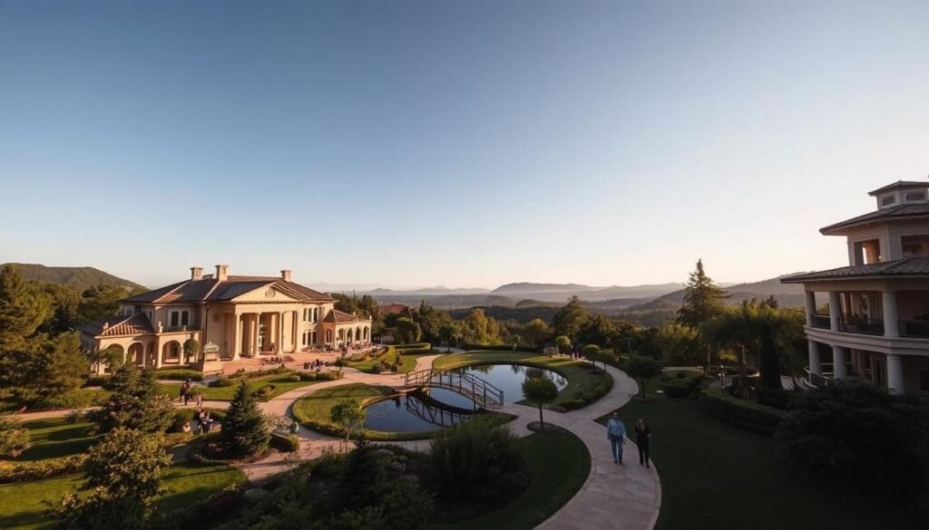 A sprawling luxury resort estate nestled amidst lush, manicured gardens. A grand, stately mansion with elegant columns and ornate architectural details stands in the foreground, bathed in soft, warm lighting. In the middle ground, a picturesque pond reflects the surrounding foliage, with a quaint wooden bridge arching over it. Beyond, rolling hills and a cloudless azure sky create a serene, idyllic backdrop. Guests stroll along the winding paths, taking in the peaceful ambiance. This exclusive, high-end wedding venue exudes an air of refined sophistication and timeless beauty.