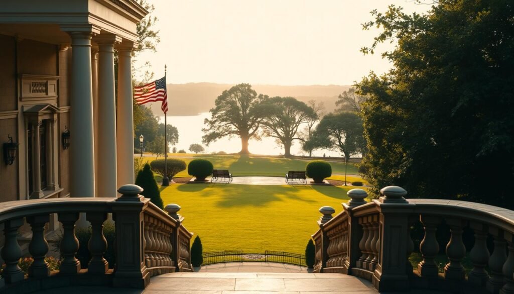 A stately Virginia mansion nestled amidst lush, verdant grounds, its grand facade bathed in warm, golden afternoon light. The estate's elegant, columned entryway leads the eye towards a sweeping view of meticulously manicured lawns, dotted with towering oak trees. In the distance, a shimmering lake reflects the mansion's timeless silhouette. Ornate stone balustrades line the terrace, setting the stage for an intimate outdoor ceremony. The overall scene exudes a sense of timeless, old-world charm and refined sophistication - the perfect backdrop for a truly memorable wedding celebration. A stately Virginia mansion nestled amidst lush, verdant grounds, its grand facade bathed in warm, golden afternoon light. The estate's elegant, columned entryway leads the eye towards a sweeping view of meticulously manicured lawns, dotted with towering oak trees. In the distance, a shimmering lake reflects the mansion's timeless silhouette. Ornate stone balustrades line the terrace, setting the stage for an intimate outdoor ceremony. The overall scene exudes a sense of timeless, old-world charm and refined sophistication - the perfect backdrop for a truly memorable wedding celebration.