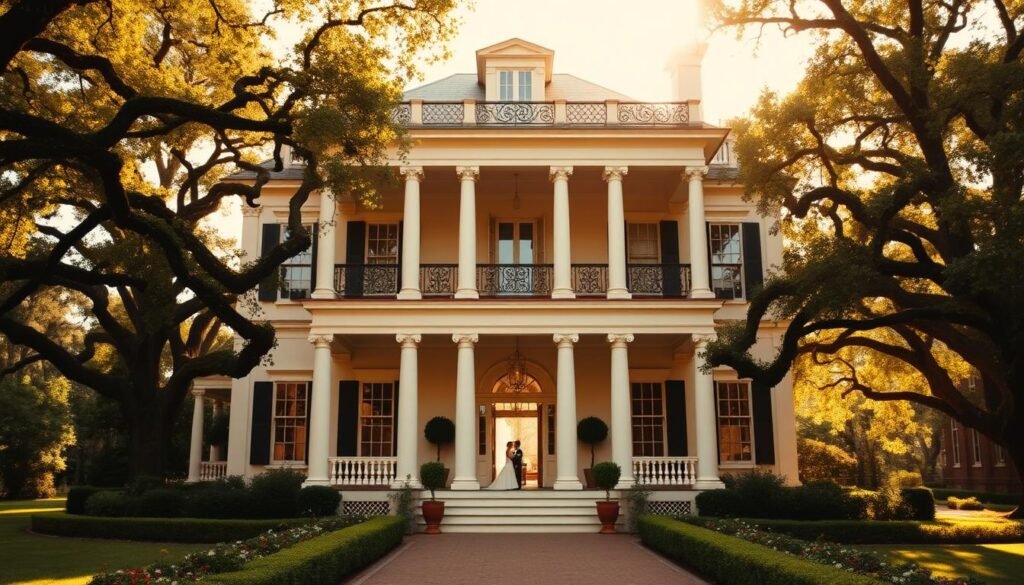 A stately antebellum mansion set against a lush, verdant backdrop, the historic William Aiken House stands tall, its elegant facade bathed in warm, golden sunlight. Detailed columns support a grand portico, while intricate wrought-iron balconies adorn the upper levels. The grounds are meticulously landscaped, with sprawling gardens and towering oak trees casting dappled shadows across the scene. Through the ornate entrance, glimpses of the grand interior can be seen, hinting at the opulent beauty within. This timeless, southern charm exudes a sense of refined sophistication, making it an idyllic setting for a romantic wedding celebration.