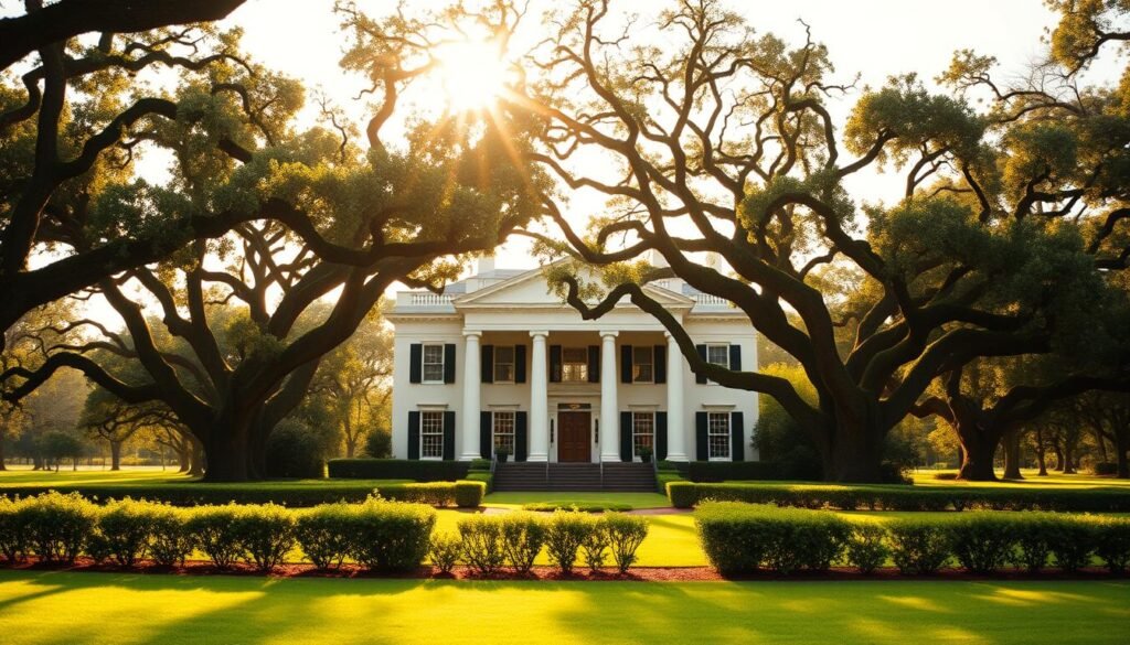 A stately antebellum mansion set against the backdrop of a lush, verdant Louisiana landscape. The grand, columned portico and elegant, symmetrical facade exude timeless Southern charm. Warm golden sunlight filters through the canopy of ancient oak trees, casting a soft, romantic glow over the scene. In the foreground, a manicured lawn and perfectly-pruned hedges frame the property, creating a sense of refined, picturesque beauty. The overall atmosphere radiates a palpable aura of historic grandeur and refined, sophisticated elegance – the embodiment of the region's most iconic and beloved wedding venues.