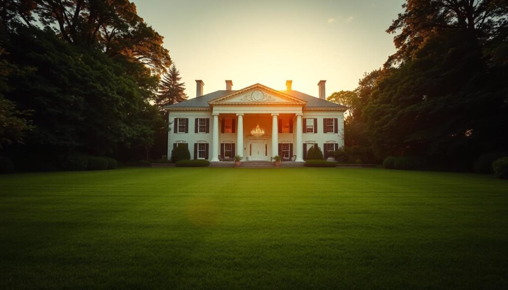 A stately historic mansion stands tall against a backdrop of lush greenery, its grand columns and intricate architectural details casting elegant shadows in the warm, golden light of a Rhode Island sunset. The expansive lawn stretches out before the building, creating a picturesque scene for a lavish outdoor wedding celebration. The mansion's elegantly manicured gardens offer a serene and secluded atmosphere, perfect for capturing timeless, romantic moments. Soft natural light filters through the ornate windows, illuminating the refined interiors, where high ceilings, ornate moldings, and crystal chandeliers evoke a timeless aura of sophistication and grandeur, ideal for a memorable, historic-inspired wedding.