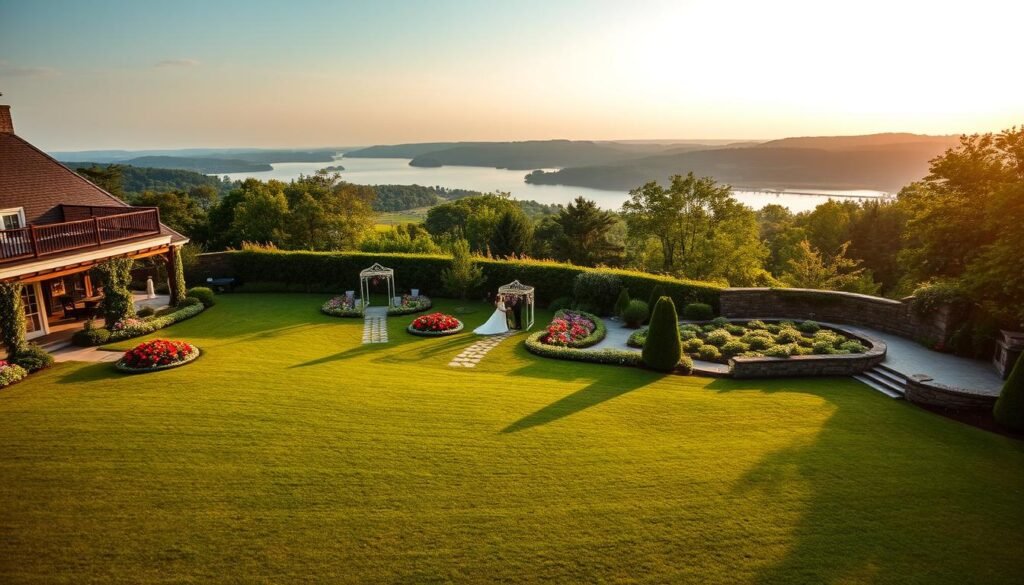 A stunning Massachusetts wedding venue set against a picturesque backdrop. In the foreground, a well-manicured lawn stretches out, dotted with vibrant flower beds and meandering pathways. The middle ground features a lush, meticulously landscaped garden, with delicate blooms and verdant foliage cascading down stone walls. In the distance, a serene waterfront view comes into focus, with a glistening lake or river framed by verdant hills and a warm, golden-hour sky. Soft, diffused lighting creates a romantic, enchanting atmosphere, showcasing the venue's natural beauty and elegance. A wide-angle lens captures the full grandeur of this breathtaking setting, perfect for a magical Massachusetts wedding.