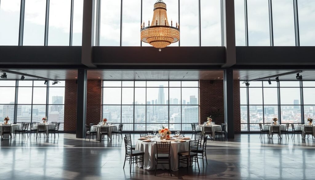 A stunning modern urban wedding venue in Oklahoma, showcasing sleek architectural lines, floor-to-ceiling windows that bathe the space in natural light, and a serene, minimalist aesthetic. In the foreground, a contemporary chandelier casts a warm glow over the elegant, understated table settings and floral arrangements. In the middle ground, a mix of metallic accents, polished concrete floors, and exposed brick walls create an industrial-chic ambiance. The background features a panoramic cityscape view, with the skyline of Oklahoma City or Tulsa visible through the expansive windows, adding an urban sophistication to the setting. The overall mood is one of refined elegance and sophisticated style, perfect for a modern, urban wedding celebration.