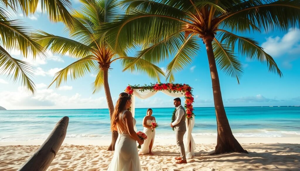A stunning tropical beach in Hawaii, with lush palm trees swaying gently in the warm breeze. In the foreground, a romantic wedding ceremony unfolds, the bride and groom exchanging vows under a beautifully decorated arch adorned with vibrant flowers. The turquoise waters of the Pacific Ocean gently lap at the pristine white sand in the background, creating a serene and picturesque setting. The scene is bathed in soft, golden light, casting a warm and inviting glow over the entire landscape. The angle captures the essence of a breathtaking Hawaiian wedding ceremony, showcasing the natural beauty and tranquility of this idyllic island destination.