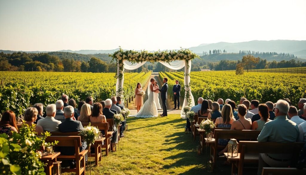 A sun-dappled Virginia wine country vineyard, lush with rows of verdant vines stretching out towards rolling hills in the distance. At the center, an elegant wedding ceremony unfolds under a stunning arbor draped in fragrant white flowers. Guests are seated on rustic wooden benches, the scene bathed in a soft, golden glow from strategically placed lanterns. The bride and groom stand hand-in-hand, exchanging vows as a panoramic vista of vineyards and mountains provides a breathtaking backdrop. An atmosphere of understated luxury and effortless charm pervades the entire scene, capturing the essence of a Virginia wine country wedding.