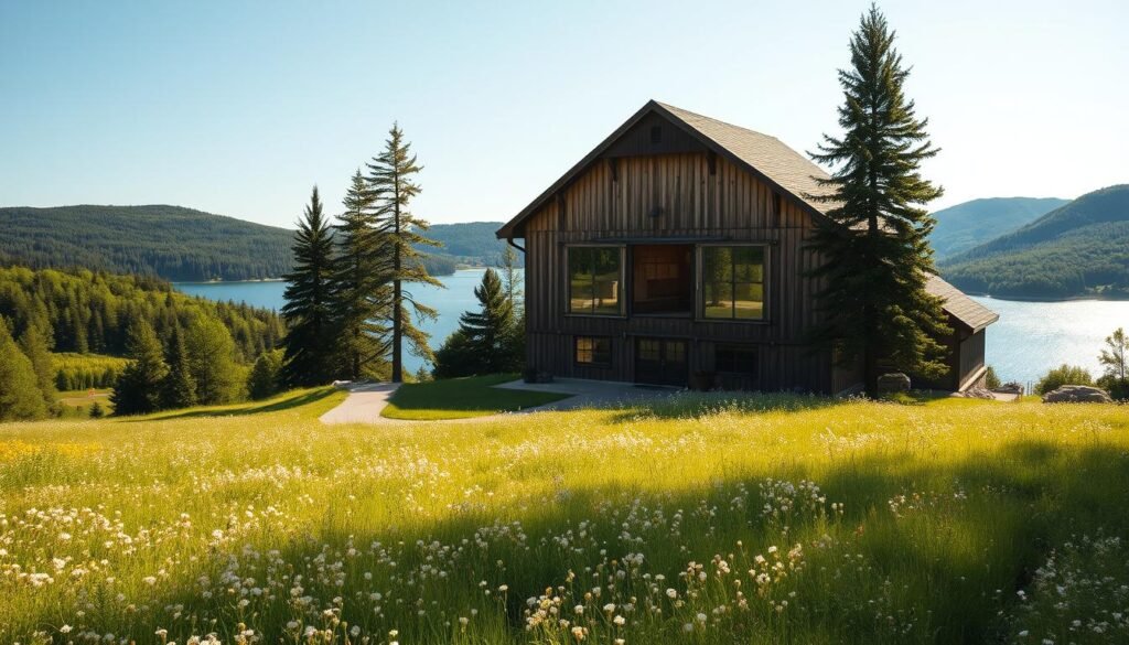 A sun-dappled meadow overlooking a serene, glimmering lake, flanked by lush, verdant forests. In the foreground, a rustic wooden barn stands majestically, its weathered facade and gabled roof framed by delicate wildflowers. Soft, golden light filters through the large windows, casting a warm, romantic glow upon the scene. The middle ground features a winding pathway leading to the lakeside, lined with towering pines and rolling hills. In the distance, a cloudless azure sky stretches out, completing the idyllic, natural beauty of this breathtaking wedding venue.