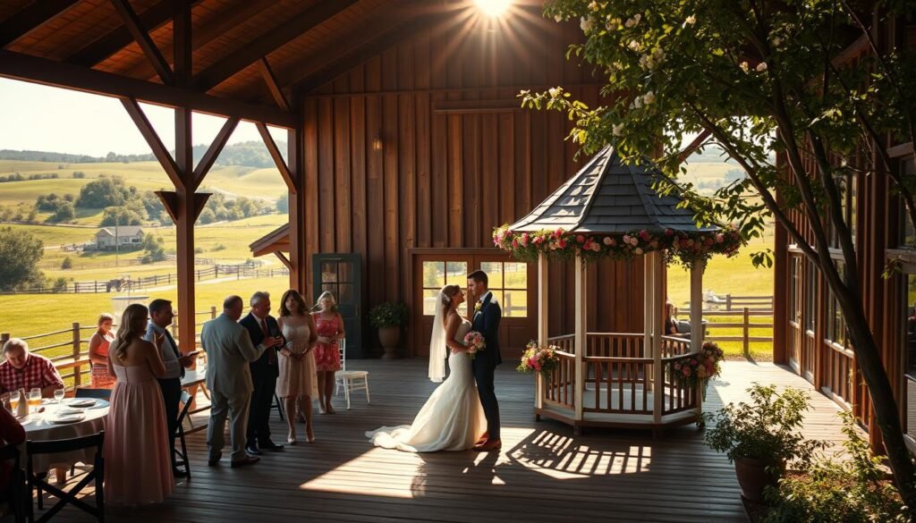 A sun-drenched wedding venue in Oklahoma, with a picturesque rustic barn as the centerpiece. Lush green fields and rolling hills create a serene countryside backdrop. Guests mingle on the wooden patio, admiring the venue's charming architecture and natural beauty. Warm lighting filters through large windows, casting a soft glow over the scene. A professional photographer captures the happy couple posing by a quaint gazebo, surrounded by blooming flowers and swaying trees. The mood is one of tranquility, joy, and timeless elegance - the perfect setting to exchange vows and begin a new chapter.