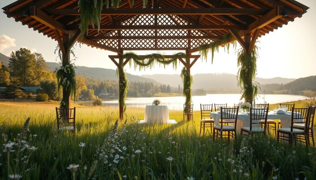 A sunlit meadow with a rustic wooden gazebo, its latticed beams adorned with cascading greenery and delicate white flowers. In the foreground, a lush carpet of wildflowers sways gently in the breeze, leading the eye towards a serene lake reflecting the surrounding hills and trees. Soft, diffused lighting filters through the scene, casting a warm, romantic glow over the elegant table settings and chairs arranged in a picturesque outdoor ceremony setting. The architecture blends seamlessly with the natural landscape, creating a harmonious, idyllic vision of a Medora wedding.