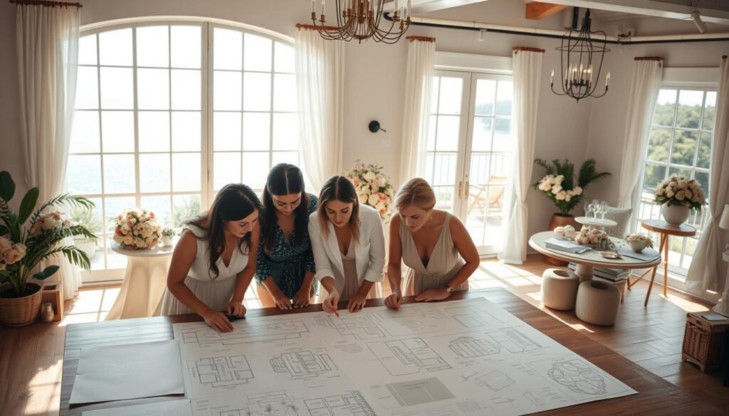 A sunny, well-lit interior of a spacious wedding planning studio. In the foreground, a team of wedding planners pore over layout sketches and color palettes spread out on a large wooden table, their expressions focused and collaborative. In the middle ground, a mood board showcases elegant floral arrangements, soft drapery, and romantic lighting fixtures, hinting at the refined aesthetic they're cultivating. The background features floor-to-ceiling windows overlooking a picturesque waterfront, the sparkling blue waters and lush greenery adding a sense of tranquility and inspiration to the scene. The overall mood is one of careful planning, creative vision, and a shared passion for crafting the perfect wedding day experience.