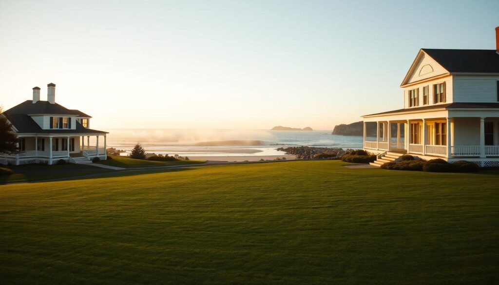 A sweeping vista of French's Point, a picturesque oceanfront wedding venue nestled along the Maine coast. In the foreground, a manicured lawn leads to a stately white mansion with classic New England architecture, its wrap-around porch and columns bathed in the golden glow of the setting sun. The middle ground reveals a sandy beach and rocky shoreline, the crashing waves casting a salty mist. In the distance, the horizon is dotted with small islands and craggy cliffs, creating a sense of timeless elegance and exclusivity. The scene is captured with a wide-angle lens, emphasizing the grand scale and timeless beauty of this historic venue, perfect for couples seeking an iconic Maine wedding experience.
