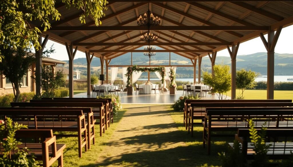 A tranquil all-inclusive wedding venue, bathed in soft natural light. In the foreground, a serene outdoor ceremony space with elegant wooden benches, surrounded by lush greenery and vibrant blooms. In the middle ground, a spacious indoor reception hall with high ceilings, warm lighting, and a polished dance floor. In the background, rolling hills and a picturesque lake create a picturesque, stress-free setting. The overall atmosphere radiates a sense of effortless sophistication and relaxation, inviting couples to fully immerse themselves in the joy of their special day.