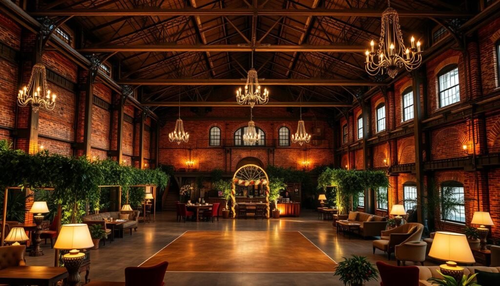A vast industrial warehouse with towering ceilings, exposed brick walls, and weathered steel beams. Soft, warm lighting from vintage chandeliers and floor lamps casts a cozy glow, complementing the rustic-chic decor. A central dance floor is flanked by high-top cocktail tables and comfy lounge areas. Lush greenery, both potted and hanging, adds pops of vibrant color. In the background, glimpses of a historic building facade with arched windows and ornate architectural details. The overall atmosphere is one of refined elegance and unique character, an ideal backdrop for an unforgettable wedding celebration.