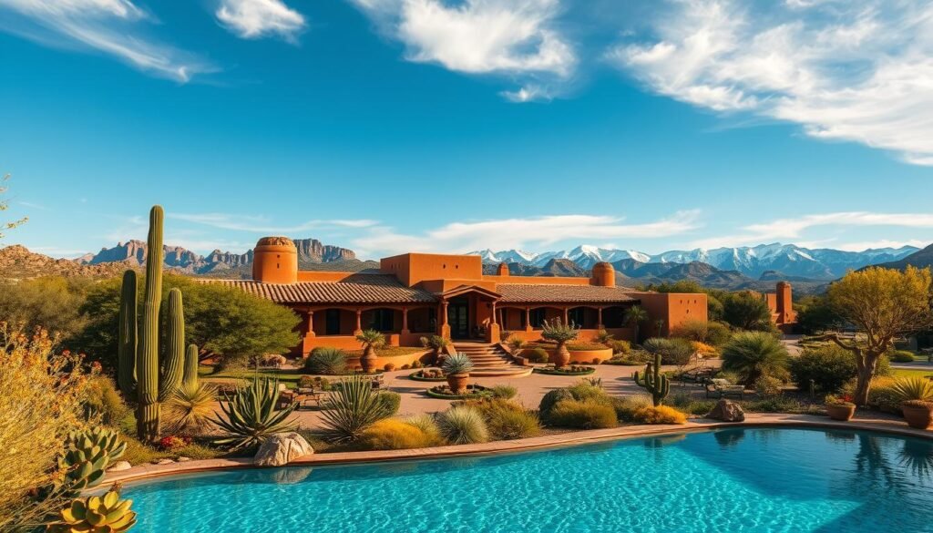 A vast, sprawling adobe hacienda nestled in the rugged, sun-drenched terrain of the American Southwest. The grand, majestic structure stands proud, its intricate architectural details casting long shadows in the warm, golden light of the afternoon sun. Lush, verdant gardens surround the property, dotted with cacti, succulents, and vibrant wildflowers. In the foreground, a sparkling, crystal-clear pool reflects the azure sky above, while in the distance, a range of majestic, snow-capped mountains form a stunning backdrop. The air is filled with the rich scent of sage and the distant sound of mariachi music, creating a captivating atmosphere of luxury, romance, and timeless elegance. A vast, sprawling adobe hacienda nestled in the rugged, sun-drenched terrain of the American Southwest. The grand, majestic structure stands proud, its intricate architectural details casting long shadows in the warm, golden light of the afternoon sun. Lush, verdant gardens surround the property, dotted with cacti, succulents, and vibrant wildflowers. In the foreground, a sparkling, crystal-clear pool reflects the azure sky above, while in the distance, a range of majestic, snow-capped mountains form a stunning backdrop. The air is filled with the rich scent of sage and the distant sound of mariachi music, creating a captivating atmosphere of luxury, romance, and timeless elegance.