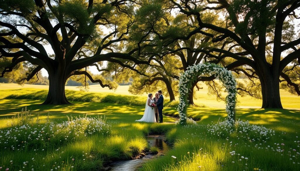 A verdant meadow, dotted with wildflowers, serves as the serene backdrop for an elegant outdoor ceremony. Towering oak trees cast dappled shadows, creating a warm, natural ambiance. A gently flowing stream meanders through the scene, its tranquil melody adding to the tranquil atmosphere. The ceremony space is framed by a stunning arch of delicate blossoms, inviting guests to bear witness to the momentous occasion. Soft, golden light filters through the trees, illuminating the couple as they exchange vows, surrounded by the beauty of the natural world.