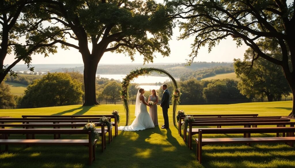 A verdant, rolling landscape in rural Missouri, framed by lush greenery and towering oak trees. A picturesque outdoor wedding ceremony takes place on a carefully manicured lawn, with rows of wooden benches adorned with delicate floral arrangements. The bride and groom stand beneath a grand, wooden arch draped in cascading vines and blooms, their faces bathed in the warm, golden light of the afternoon sun. In the distance, a serene lake reflects the tranquil scene, its glimmering surface adding to the enchanting, pastoral atmosphere. The overall mood is one of timeless elegance and natural beauty, perfectly capturing the essence of an enchanting outdoor wedding in Missouri's rolling hills.
