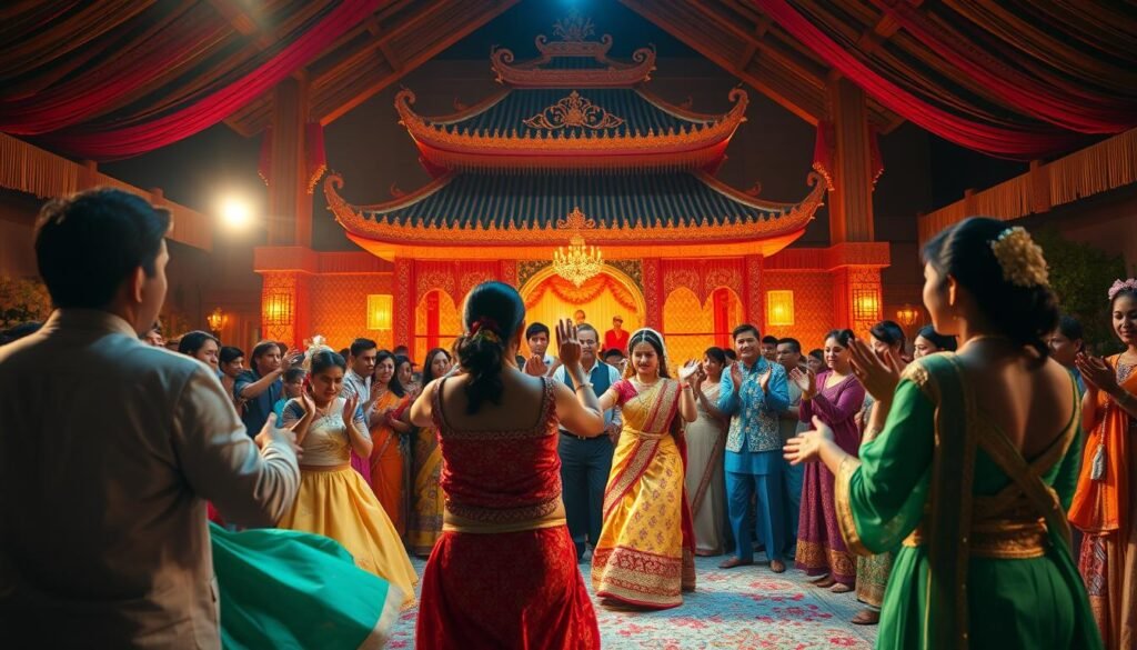 A vibrant and colorful scene of a traditional local culture wedding celebration, captured in a wide-angle, cinematic shot. The foreground is dominated by a lively dance performance, with elaborately dressed dancers moving gracefully to the rhythm of live music. The middle ground features a crowd of guests, adorned in their finest cultural attire, clapping and cheering along. In the background, a grand, ornately decorated wedding pavilion stands, illuminated by warm, golden lighting that creates a cozy, celebratory atmosphere. The entire scene is infused with a sense of community, joy, and the rich heritage of the local culture.