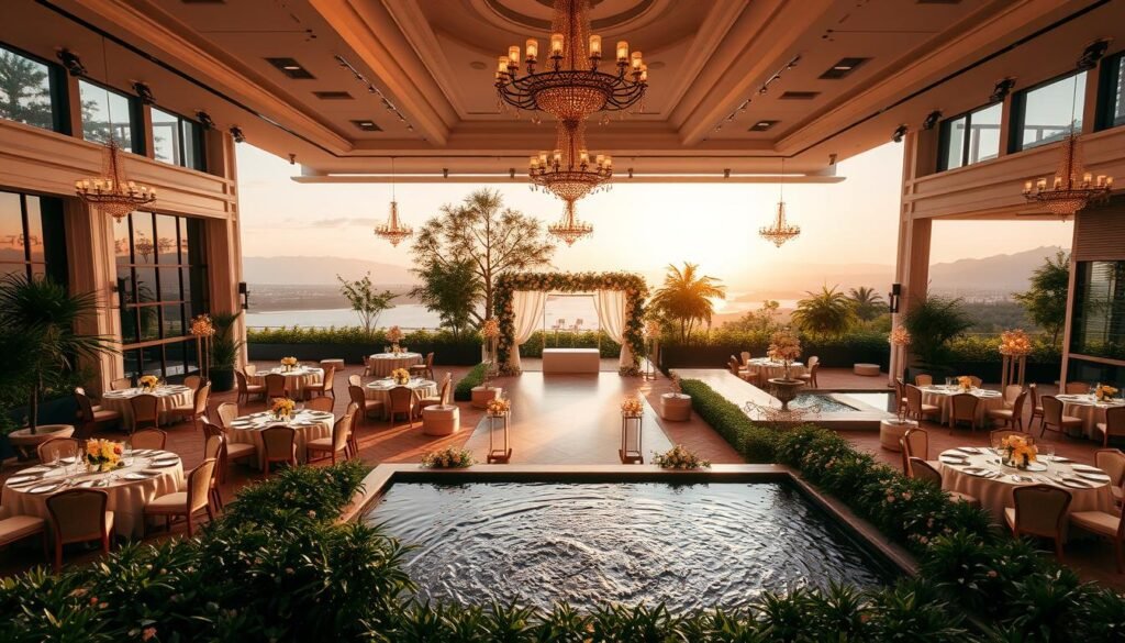 A visually stunning wedding venue layout with customizable options, showcasing an elegant ballroom with high ceilings, ornate chandeliers, and plush seating arrangements. The layout seamlessly transitions to an outdoor terrace with lush greenery, cascading water features, and a picturesque view of the surrounding landscape. Warm, natural lighting from large windows and strategic placement of spotlights create a serene and inviting ambiance, perfect for a spectacular event. The flexible design allows for personalization, with modular furniture, adjustable lighting, and the ability to accommodate various guest counts and event layouts.