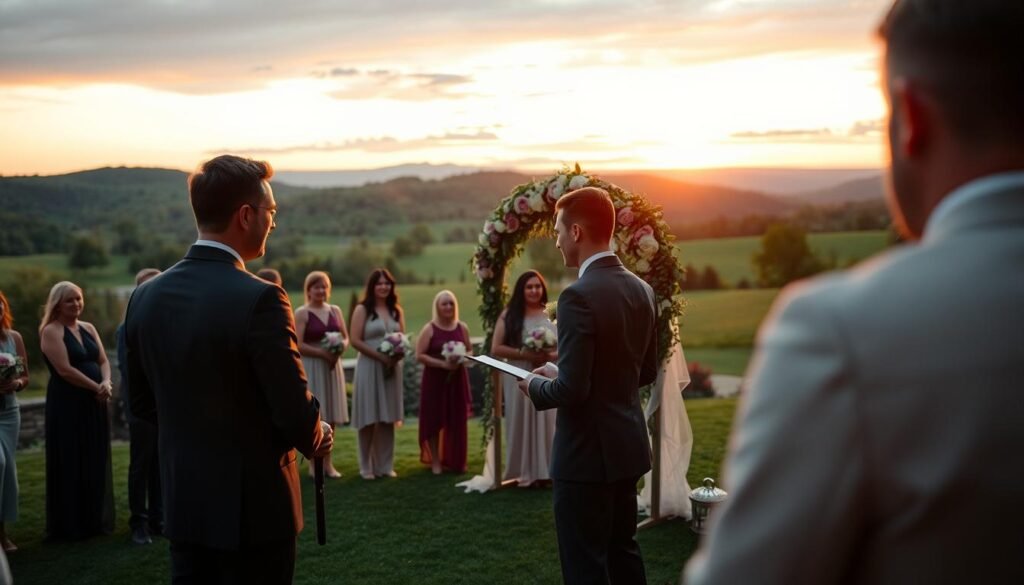 A warm, intimate wedding ceremony on a lush green lawn, surrounded by a picturesque Tennessee landscape. In the foreground, a newlywed couple exchange vows under a beautiful floral arch, their faces radiating joy and love. The middle ground captures the guests, elegantly dressed, sharing in the couple's special moment. In the background, rolling hills and a stunning sunset create a serene, romantic atmosphere, captured with a shallow depth of field. Soft, natural lighting illuminates the scene, accentuating the emotions and the beauty of the venue.