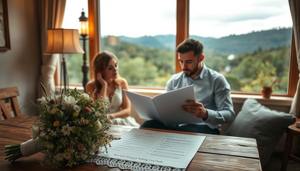 A warm, inviting scene of a West Virginia wedding planning session. In the foreground, a bouquet of local wildflowers and lace accents sit atop a rustic wooden table, hinting at the bride's vision. The middle ground features a young couple poring over a detailed wedding planning checklist, their faces lit by the glow of a vintage-style lamp. In the background, a panoramic window showcases the rolling hills and verdant forests of the Mountain State, creating a serene, nature-inspired backdrop. The overall mood is one of tranquility, thoughtfulness, and the excitement of planning a dream West Virginia wedding.