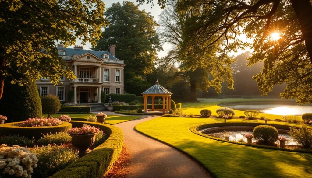 An elegant, historic estate set against a backdrop of lush, verdant gardens. The stately, Georgian-style manor stands tall, its imposing facade adorned with intricate architectural details and grand columns. The property is surrounded by manicured hedges, blooming flower beds, and a winding path leading to a picturesque gazebo. Warm, golden light filters through the canopy of mature trees, casting a soft, romantic glow over the scene. In the distance, a shimmering, reflective pond completes the idyllic, timeless setting, perfect for an outdoor wedding celebration.