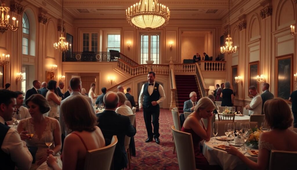 An elegant historic wedding venue, with guests comfortably seated in a grand ballroom. Soft, warm lighting casts a cozy glow, with chandeliers illuminating the ornate architectural details. In the foreground, couples converse over hors d'oeuvres and champagne, while in the middle ground, a server gracefully navigates the room, attending to the guests' needs. The background reveals a majestic staircase and lounge areas, where additional visitors mingle and relax. This scene conveys the perfect blend of grandeur and hospitality, capturing the essence of guest comfort and logistics in a historic landmark venue. An elegant historic wedding venue, with guests comfortably seated in a grand ballroom. Soft, warm lighting casts a cozy glow, with chandeliers illuminating the ornate architectural details. In the foreground, couples converse over hors d'oeuvres and champagne, while in the middle ground, a server gracefully navigates the room, attending to the guests' needs. The background reveals a majestic staircase and lounge areas, where additional visitors mingle and relax. This scene conveys the perfect blend of grandeur and hospitality, capturing the essence of guest comfort and logistics in a historic landmark venue.