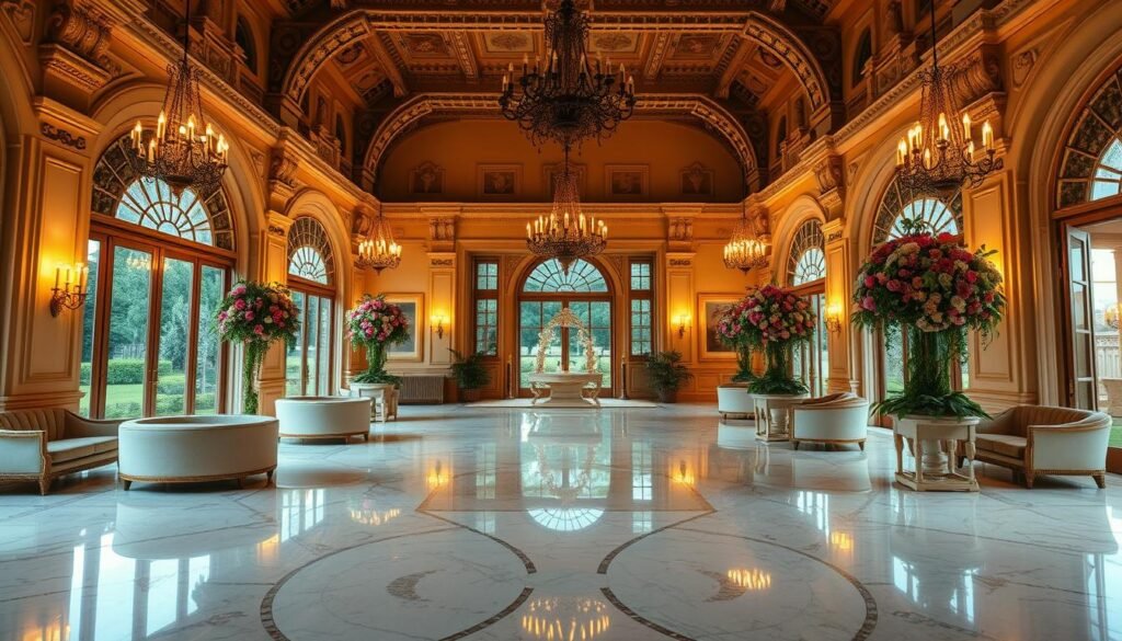 An elegant indoor luxury wedding venue in California, bathed in warm, ambient lighting that casts a soft, romantic glow. The grand, ornate architecture features high ceilings, ornate chandeliers, and large windows overlooking a lush, manicured garden. Plush, velvet-upholstered seating lines the perimeter, creating intimate conversation areas. Intricate, hand-carved details adorn the walls, while a magnificent, polished marble floor reflects the opulent surroundings. Lush, cascading floral arrangements add pops of vibrant color, complementing the overall sophisticated and luxurious atmosphere.