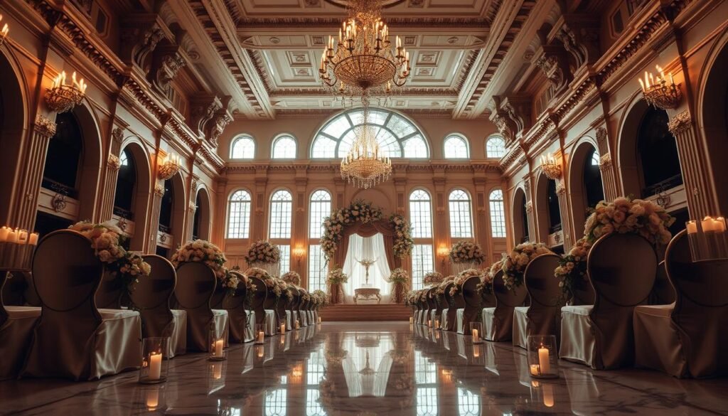 An elegant indoor wedding hall, its towering ceilings adorned with intricate moldings and chandeliers casting a warm, ambient glow. The polished marble floors reflect the flickering candlelight, while plush, velvet-draped chairs line the aisle, leading to a grand, ornate altar. Lush floral arrangements in soft hues accent the space, creating a refined, timeless atmosphere. Tall arched windows allow natural light to filter in, casting a soft, romantic luminance throughout the hall. The overall mood is one of timeless sophistication and classic elegance, perfectly suited for a magnificent wedding celebration.