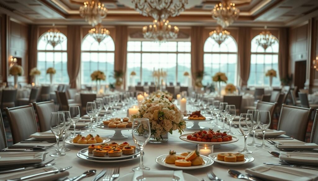 An elegant table setting for a wedding reception, showcasing various culinary and hospitality offerings. In the foreground, an array of fine china, silverware, and glassware arranged with precision. In the middle ground, platters of gourmet hors d'oeuvres and desserts, complemented by floral centerpieces and candles, creating a warm, inviting atmosphere. The background features the silhouette of a grand ballroom or event space, with large windows allowing natural light to flood the scene. The overall mood is one of refined sophistication and attention to detail, reflecting the high-end packages and amenities available for the discerning wedding couple.