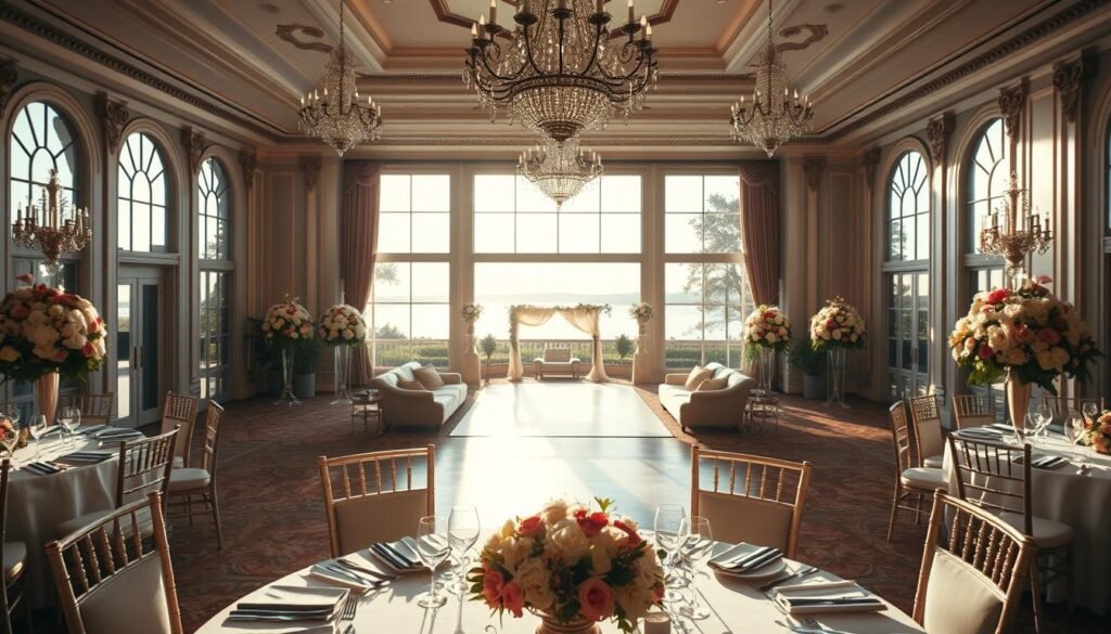 An elegant wedding venue, with a grand ballroom featuring high ceilings, crystal chandeliers, and ornate architectural details. Sunlight streams in through large windows, casting a warm, romantic glow. In the foreground, a beautifully decorated table setting with fine china, silver cutlery, and a centerpiece of fresh flowers. The middle ground showcases a dance floor, surrounded by plush seating areas and lush floral arrangements. The background reveals stunning views of a manicured garden or lakeside setting, creating a picturesque backdrop for the perfect wedding celebration.