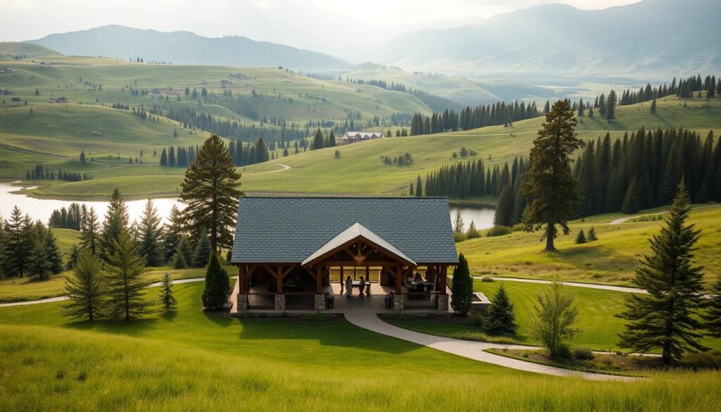 An expansive outdoor wedding venue nestled in the picturesque Montana countryside. A rustic wooden pavilion with a slate roof stands amidst a lush, verdant landscape. Surrounding the structure are rolling hills, towering pine trees, and a serene, glistening lake. Soft, diffused natural light filters through the atmosphere, casting a warm, golden glow over the scene. The venue exudes a sense of tranquility and harmony with the natural world, offering an eco-friendly and sustainable setting for a memorable wedding celebration.