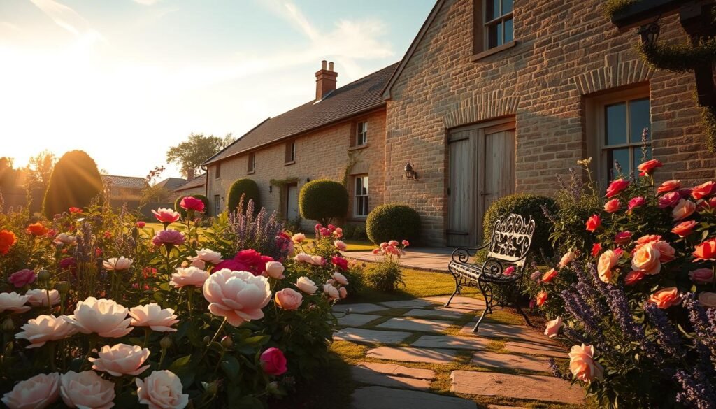 An idyllic garden scene, bathed in warm, golden afternoon light. In the foreground, a lush and vibrant display of blooming flowers in a variety of colors, shapes, and textures - roses, peonies, lavender, and more. The middle ground features a stone pathway leading through the garden, with a charming wrought-iron garden bench inviting visitors to pause and admire the view. In the background, a classic stone barn structure, its aged walls and weathered timber beams evoking a rustic, vintage ambiance. Wispy clouds drift overhead, and the overall atmosphere conveys a sense of tranquility, beauty, and timeless elegance - a perfect backdrop for a barn wedding celebration.