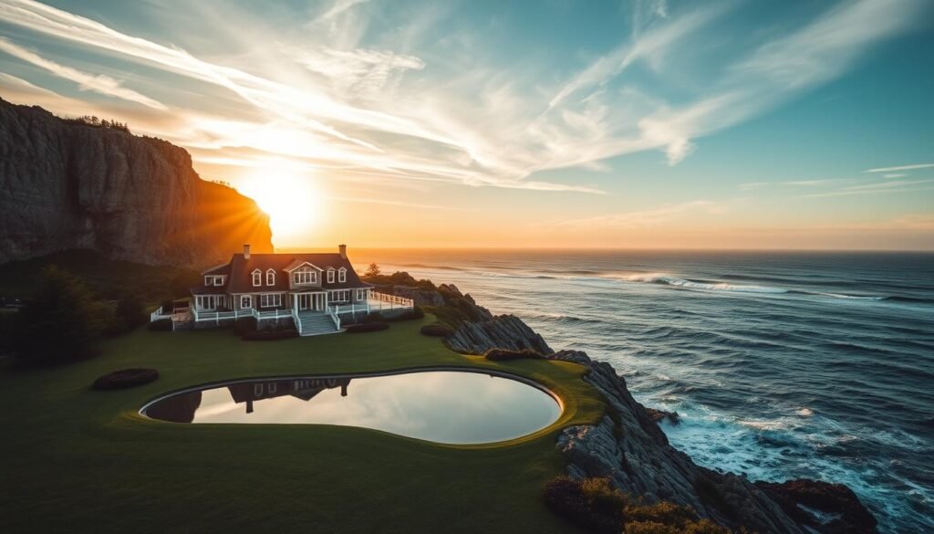 An idyllic seaside wedding venue atop a rugged Maine cliff, the Cliff House offers breathtaking panoramic views of the Atlantic Ocean. In the foreground, lush green lawns and a grand, elegant stone manor house reflect in a tranquil pond. Towering granite cliffs plunge dramatically into the deep blue waves crashing below, framed by a golden sunset sky and wispy clouds. The lighting is warm and soft, casting a romantic glow over the scene. A wide-angle lens captures the sweeping vistas, showcasing the Cliff House's dramatic setting and the natural beauty of the Maine coastline.