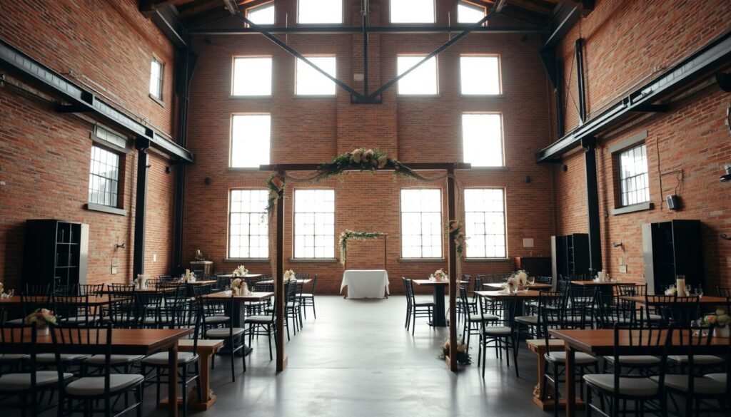 An industrial-chic wedding venue in Rhode Island, set against a backdrop of exposed brick walls and soaring ceilings. Soft lighting filters through oversized windows, casting a warm glow on the polished concrete floors and metal accents. In the foreground, a minimalist wooden arch frames the ceremony space, adorned with delicate floral arrangements. The middle ground features clusters of wooden farm tables and chic bistro chairs, hinting at the elegant reception to come. The distant background reveals the venue's historic charm, with weathered beams and vintage industrial details adding a touch of rustic elegance. The overall atmosphere is one of refined sophistication and modern industrial flair, perfectly capturing the essence of a nontraditional Rhode Island wedding.