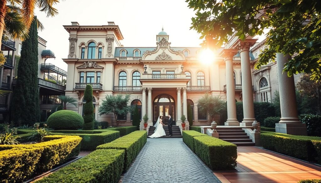 An ornate historic mansion nestled amidst lush gardens, its stately facade bathed in warm golden light. Manicured hedges and cobblestone paths lead guests towards the grand entrance, flanked by towering columns. Elegant arched windows and intricate stone carvings adorn the building's exterior, exuding an air of timeless sophistication. Inside, the venue's high ceilings, ornate chandeliers, and polished hardwood floors create an atmosphere of refined grandeur, perfect for a romantic wedding celebration. Soft natural light filters through large windows, casting a serene glow over the opulent interiors. Guests mingle among the historic architectural details, immersed in the venue's captivating blend of old-world charm and modern elegance.