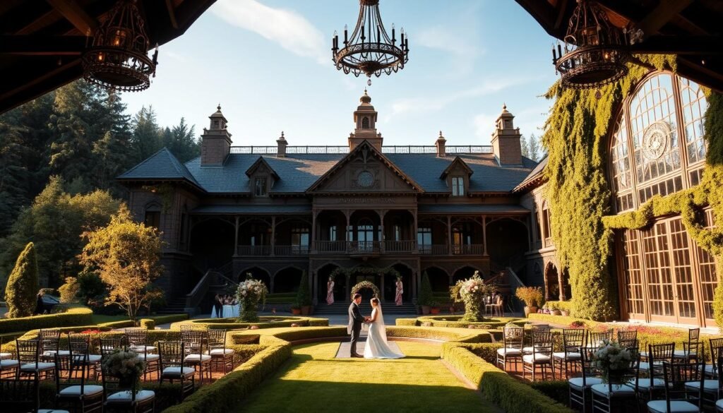 An ornate, historic wedding venue nestled in the lush, verdant landscape of Oregon. The grand, stately building stands tall, its intricate architecture and ornamental details gleaming in the soft, warm light of the afternoon sun. Manicured gardens and a picturesque pond surround the venue, creating a serene, idyllic atmosphere. Wooden beams, elegant chandeliers, and large, stained-glass windows adorn the interior, evoking a timeless, romantic ambiance. Couples exchange vows against the backdrop of this iconic, timeless setting, their special day forever etched in the history of this enchanting Oregon landmark.