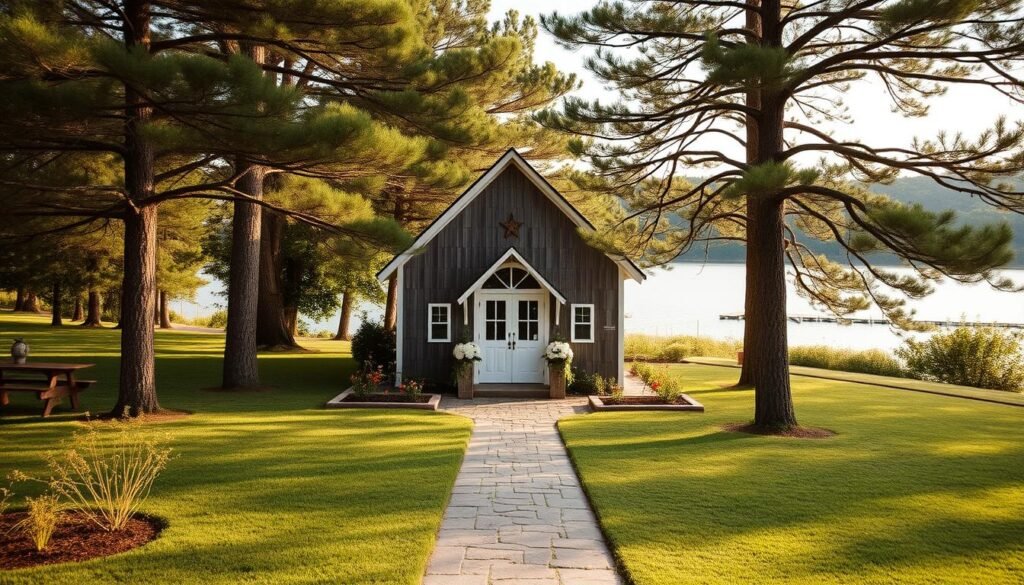 Barn situated on the picturesque Greers Ferry Lake, its weathered wooden facade and crisp white trim surrounded by verdant greenery. Soft natural lighting illuminates the serene lakeside scene, casting a warm glow on the quaint chapel-style structure. Manicured gardens and stone pathways lead towards the water's edge, creating a tranquil, romantic ambiance perfect for an intimate lakeside wedding ceremony. Towering pine trees frame the serene landscape, their branches swaying gently in the gentle breeze. The overall atmosphere evokes a sense of timeless elegance and rustic charm, making this an idyllic lakeside wedding venue.