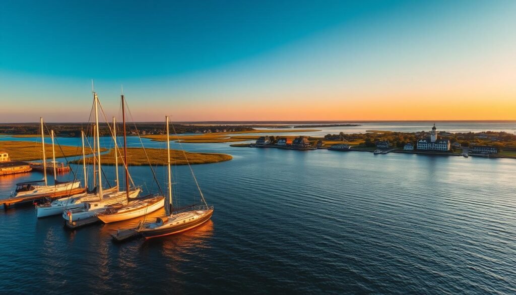 Chesapeake Bay, a stunning waterfront landscape at golden hour. A tranquil harbor framed by towering sailboats and historic lighthouse in the foreground, gently rippling waters reflecting the warm, soft glow of the setting sun. In the middle ground, lush green marshlands and rolling hills dotted with classic East Coast architecture, their weathered facades bathed in the fading daylight. In the distance, a panoramic view of the bay's vast expanse, the horizon painted in hues of orange and pink. Crisp, high-resolution, cinematic quality, realistic, no people.