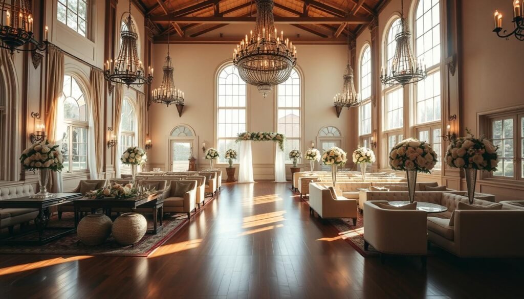 Elegant Provo wedding venue, bathed in soft, natural light streaming through large windows. Polished hardwood floors, ornate chandeliers, and tasteful floral arrangements create an atmosphere of refined sophistication. High ceilings and intricate architectural details lend an air of grandeur, complemented by plush seating and intimate conversation areas. Warm, neutral tones and luxurious fabrics evoke a sense of timeless elegance, perfect for hosting an unforgettable wedding celebration. A balance of classic and contemporary elements, this venue exudes an inviting, romantic ambiance that will captivate both the couple and their guests.