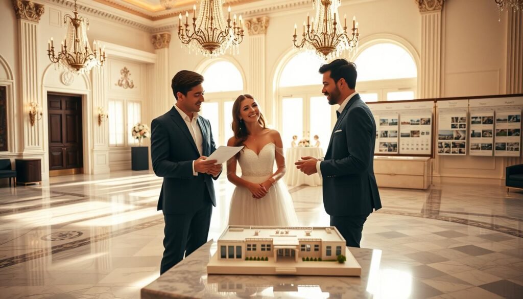 Elegant wedding venue booking tips. A sunlit ballroom with marble floors, ornate chandeliers, and large arched windows. In the foreground, a wedding coordinator reviews a contract with a couple, their faces filled with excitement. In the middle ground, a wedding planner gestures towards a model of the venue layout. The background features a wall of framed venue photos and a calendar of available dates. Soft, warm lighting creates a sophisticated ambiance. Captured with a shallow depth of field, professional camera lens.