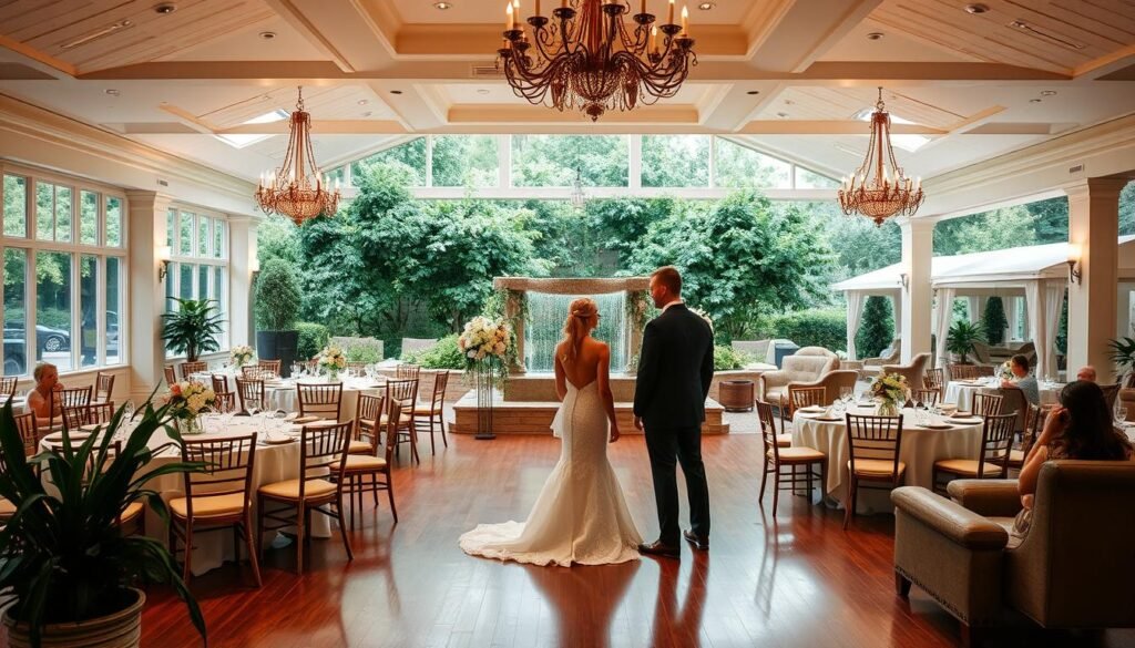 Elegant wedding venue with lush greenery and natural light. Spacious ballroom with high ceilings, ornate chandeliers, and polished hardwood floors. Brides and grooms inspecting floral arrangements and table settings, envisioning their special day. Outdoor patio with a cascading water feature and cozy seating areas. Warm, romantic atmosphere with soft, diffused lighting. Experienced event coordinators guiding the couple through the planning process. Capturing the essence of a dream Utah wedding venue.