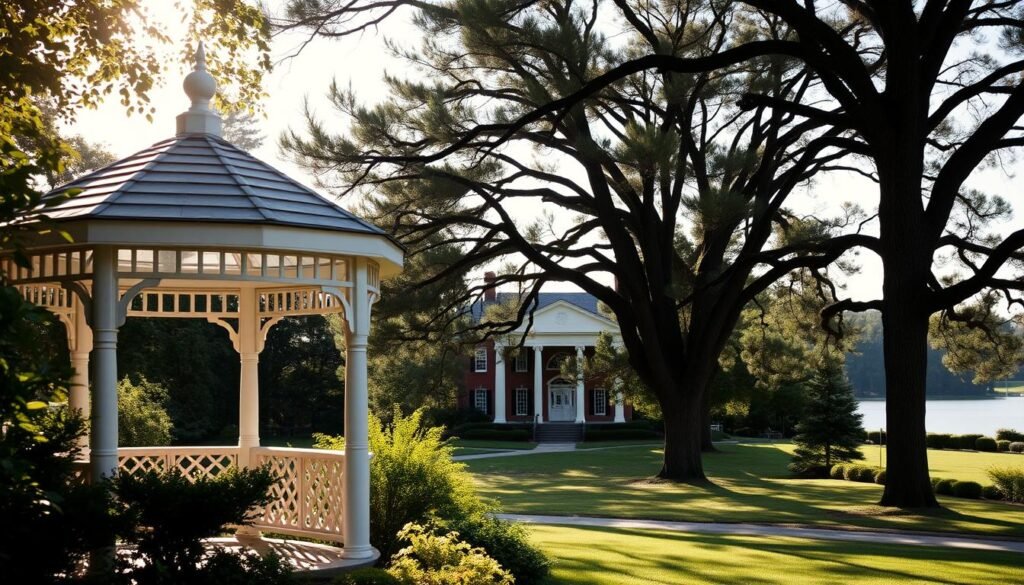 Elegant wedding venues nestled in the scenic landscapes of New Jersey. A sun-dappled gazebo stands amidst lush greenery, its white columns and intricate lattice work casting soft shadows. In the middle ground, a charming historic mansion with warm brick facade and stately columns overlooks a tranquil lake. Tall, swaying trees line the background, their branches framing the serene vista. Muted lighting creates a serene, romantic atmosphere, highlighting the architectural details and natural beauty of this idyllic setting - the perfect backdrop for a memorable, affordable wedding celebration.