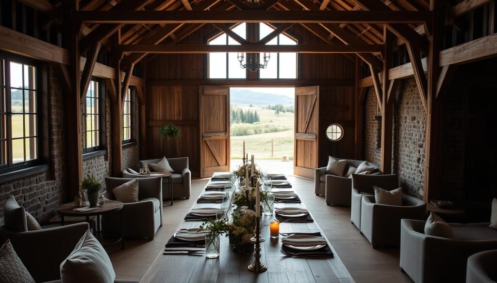 Intimate small wedding venue set in a cozy, rustic barn. Soft natural lighting filters through large wood-framed windows, casting a warm glow on the weathered wooden beams and exposed stone walls. In the foreground, a long wooden table is adorned with simple yet elegant floral arrangements, candles, and artisanal place settings. Clusters of comfortable seating areas are arranged around the periphery, inviting guests to mingle and converse. The background features lush greenery and rolling hills visible through the open doorway, creating a sense of tranquility and connection to the outdoors.