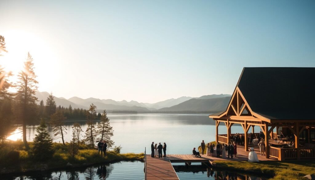 Lakeside venues with breathtaking views, bathed in the warm glow of golden hour sunlight. A tranquil body of water reflects the natural surroundings - lush greenery, towering pine trees, and rugged mountains in the distance. The scene exudes an atmosphere of serene elegance, perfect for a breezy outdoor wedding celebration. Guests mingle on a wooden dock, taking in the panoramic vistas. A grand, rustic-chic pavilion stands ready to host the festivities, its architectural details complementing the picturesque landscape. This idyllic lakeside setting offers a stunning backdrop for cherished memories to be made.