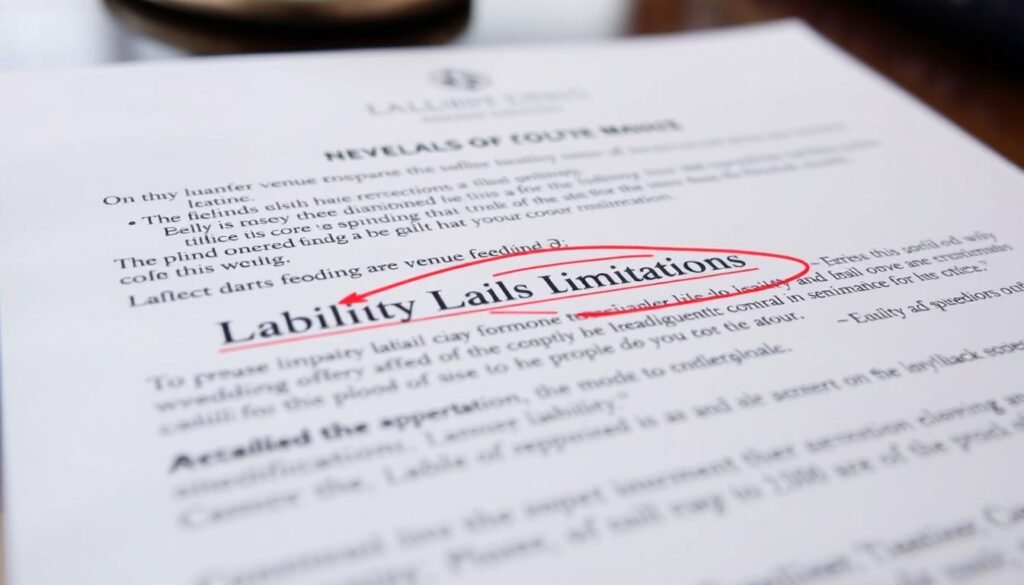 Legal document highlighting liability limitation clauses for wedding venues