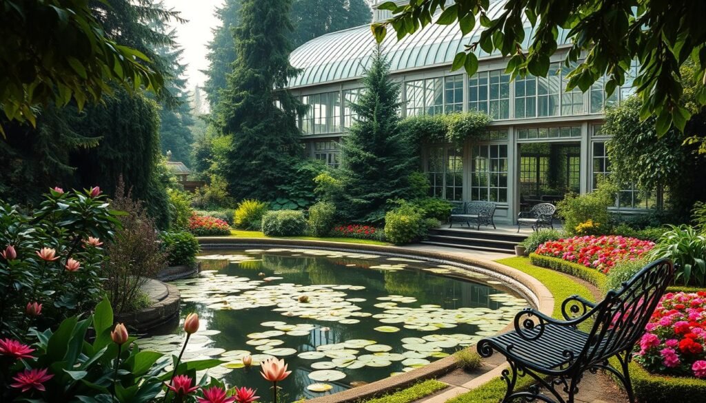 Lush, verdant gardens nestled amidst towering evergreens, bathed in soft, diffused natural light filtering through glass walls of a grand Victorian-style greenhouse. A serene pond reflects the surrounding foliage, with delicate lilies and lotus flowers floating atop its still surface. Winding pathways lead through vibrant flower beds, overflowing with blooms in a kaleidoscope of colors. Ornate wrought-iron benches invite visitors to pause and bask in the tranquil ambiance, as a gentle breeze rustles the leaves overhead. This enchanting Northwest oasis offers a breathtaking setting for a picturesque garden wedding, blending natural beauty with architectural elegance.